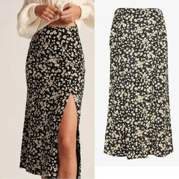 💛🖤Abercrombie High Waisted Black Floral Midi Skirt with front Slit💛🖤SZ XXSP - Picture 2 of 16